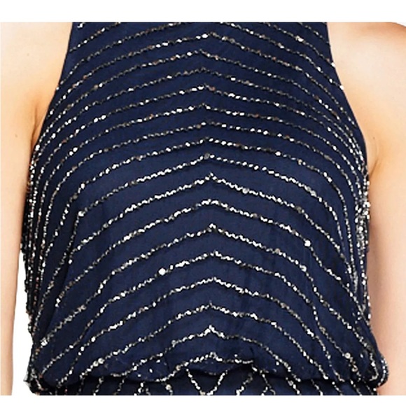 Adrianna Papell Halter Art Deco Beaded Blouson Navy Blue Dress new with defects - Picture 4 of 11